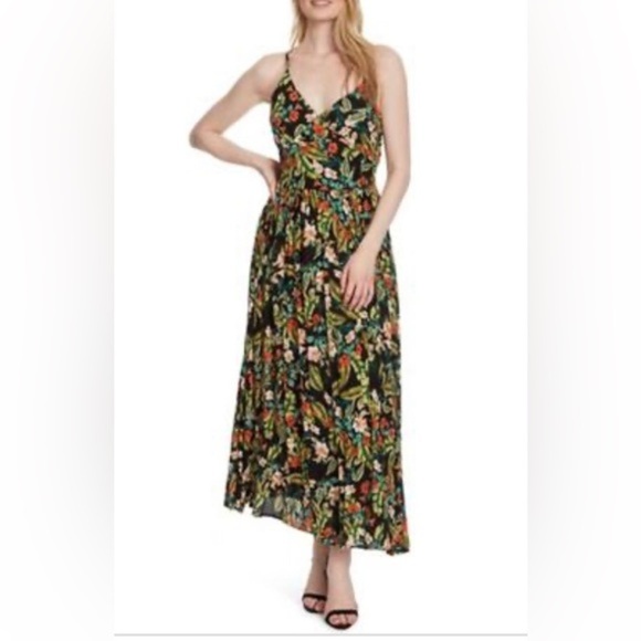 JESSICA SIMPSON Black tropical floral back Lace up‎ V Neck Maxi dress size Small - Picture 1 of 1